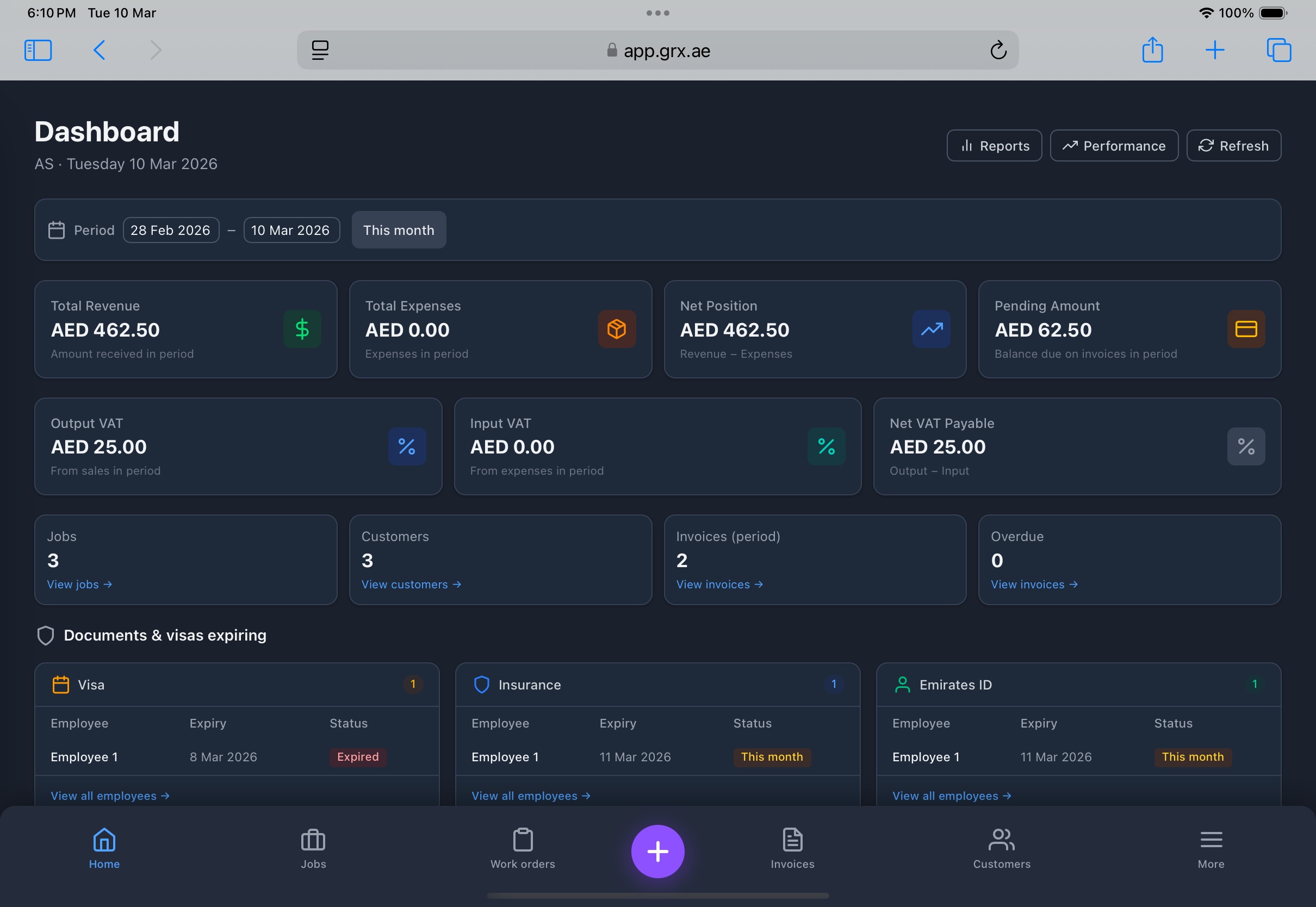 GRX Dashboard — revenue, expenses, VAT, jobs, and documents expiring