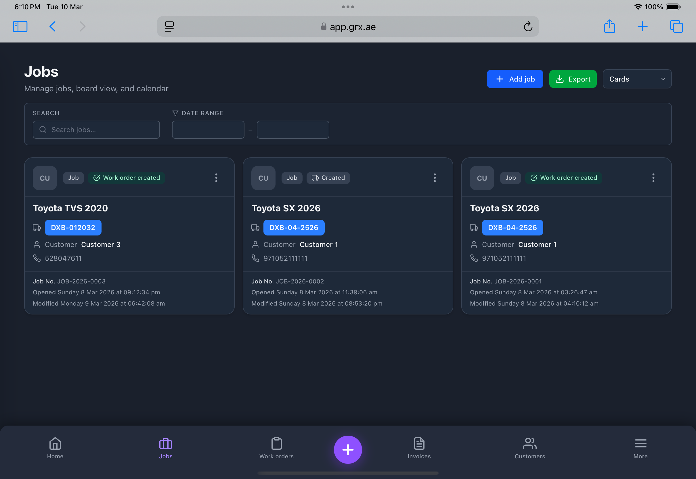 GRX Jobs — job cards, board view, search and filters