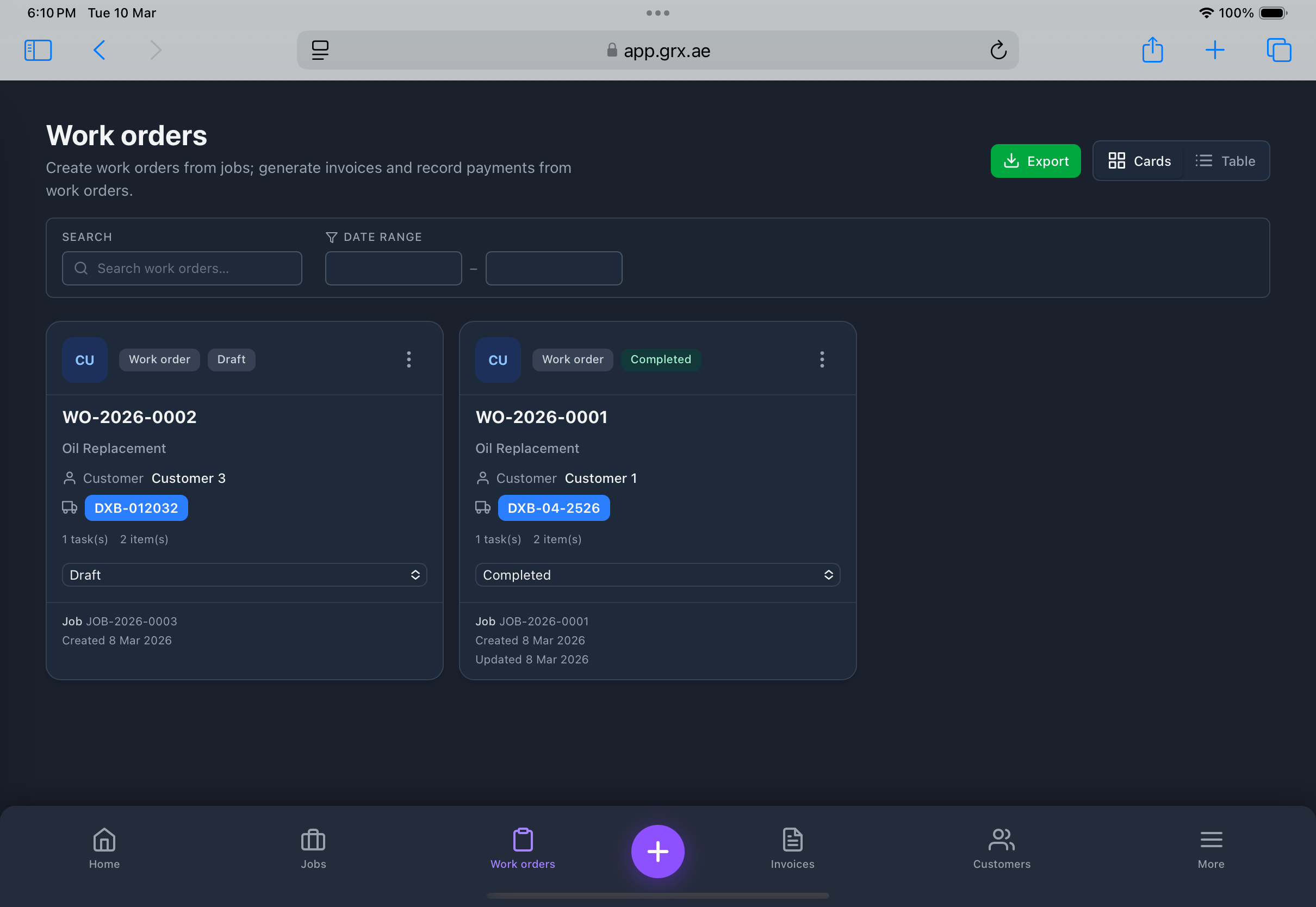 GRX Work orders — create work orders from jobs, invoices and payments