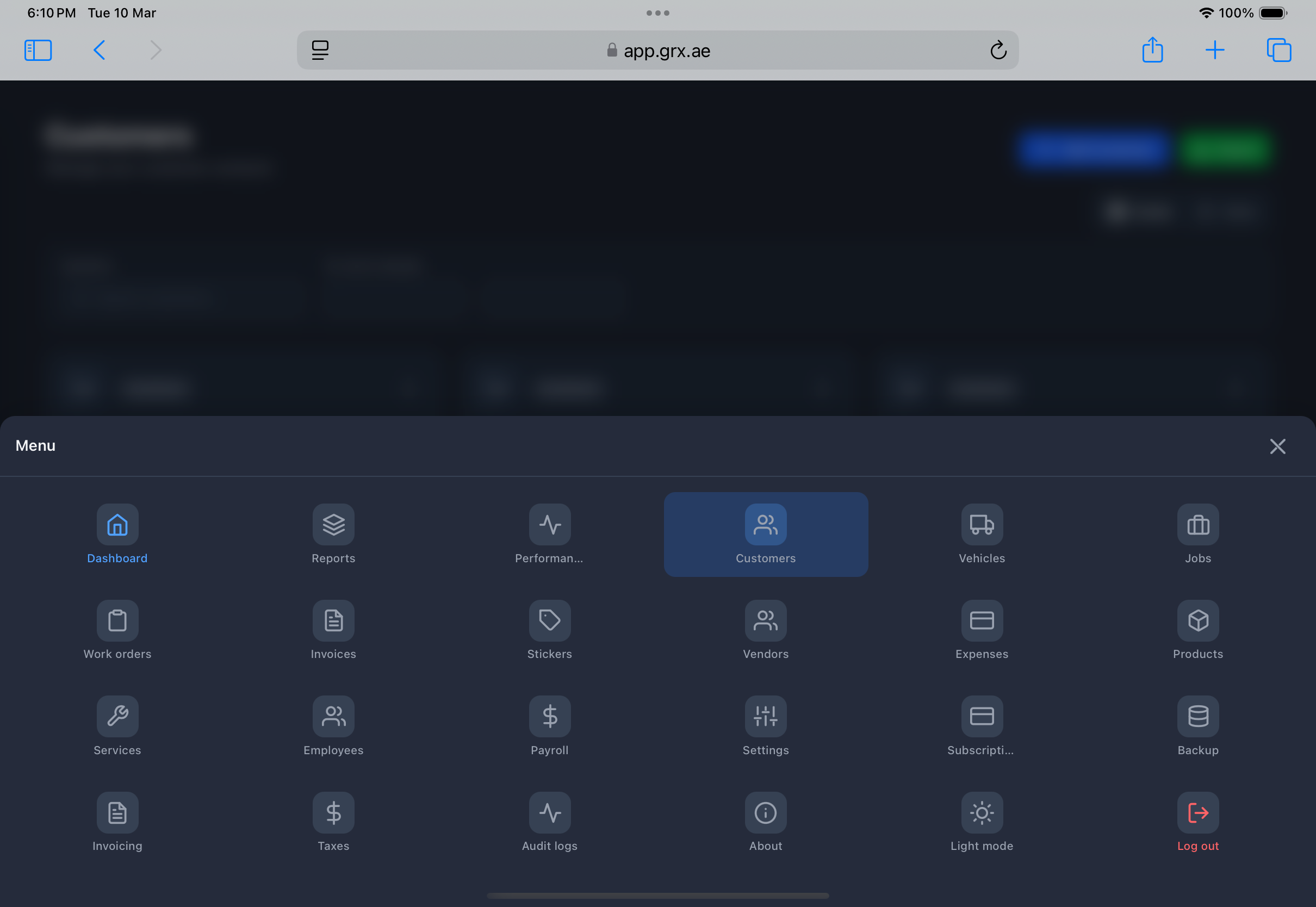 GRX Menu — dashboard, reports, jobs, invoices, settings and more
